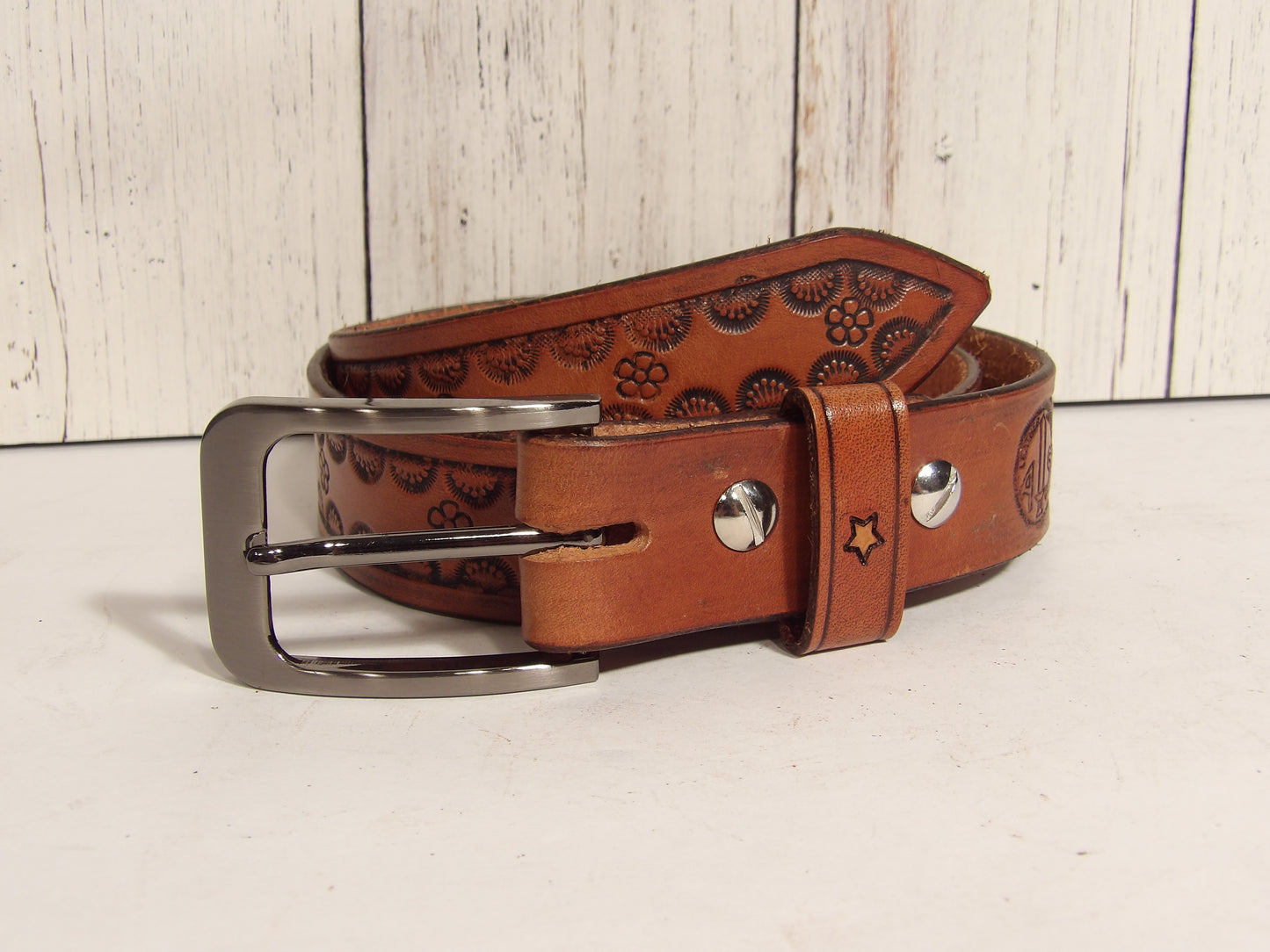 Cinturon de piel para dama estampado/ Girl leather belt ( Hand Stamped )