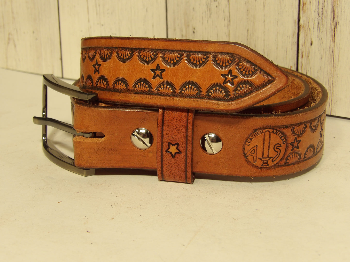 Cinturon de piel estampado para dama/Girl leather belt ( Hand Stamped )