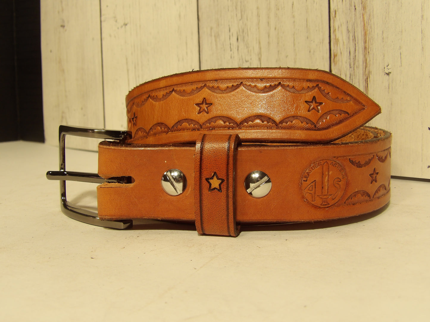 Cinturon de piel estampado para dama/Girl Leather Belt ( Hand Stamped )