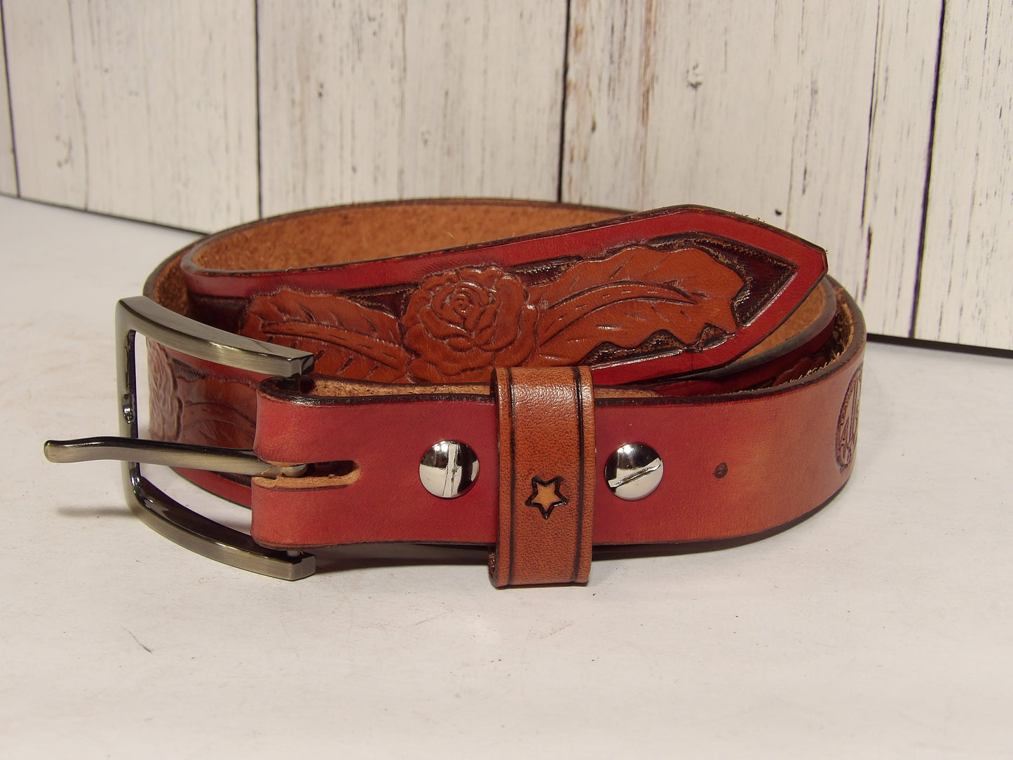 Cinturon de piel estampado para dama/Girl Leather Belt ( Hand Stamped )