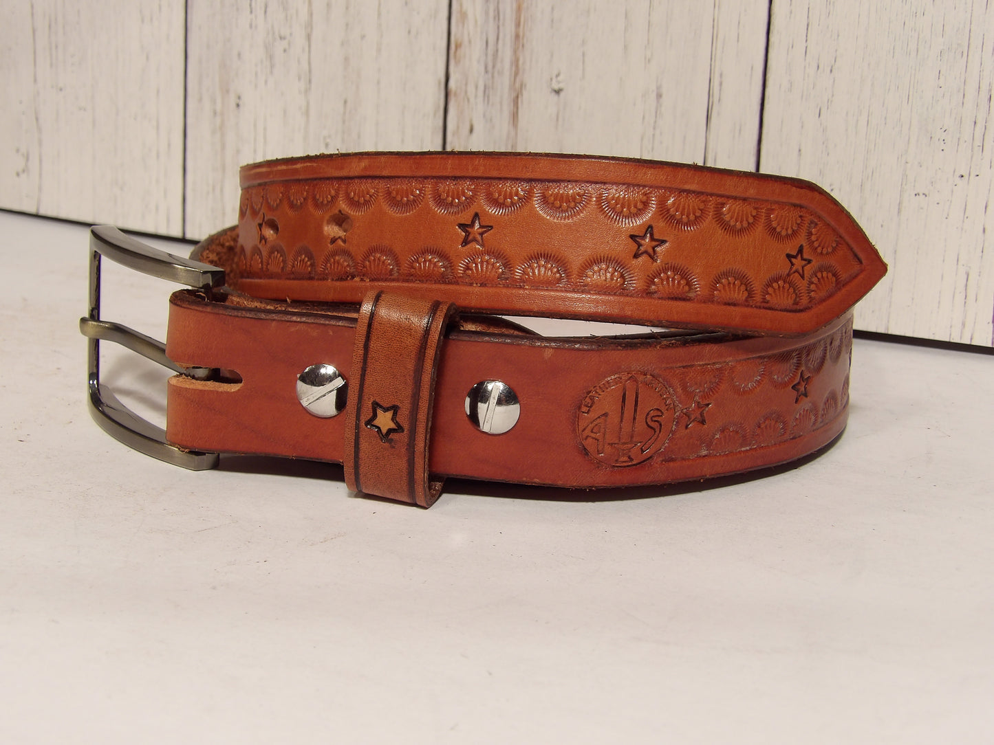Cinturon de piel para dama / Girl leather belt ( Hand Stamped )