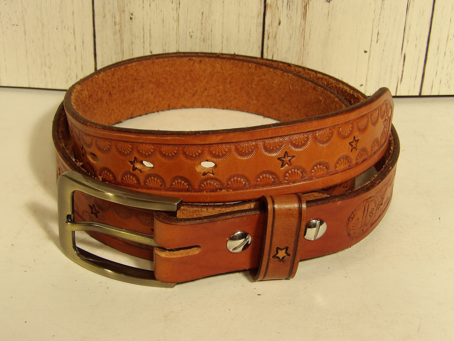 Cinturon de piel para dama / Girl leather belt ( Hand Stamped )